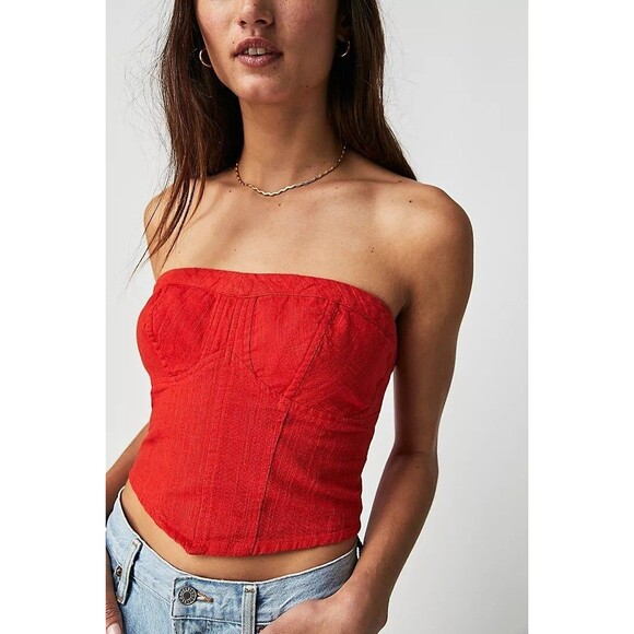 Free People Tops - Free People Leilani Cropped Tube Top Sleeveless Smocked Red Cotton S NEW 276218